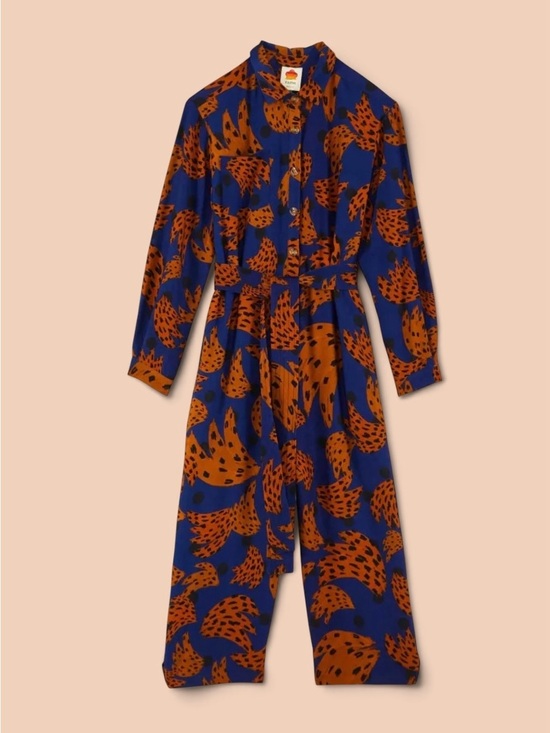 FARM Rio Pants - Farm Rio Banana Blue & Brown Printed Jumpsuit with Tie Waist Size Small